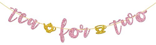 Halodete Tea for Two Banner, Happy 2nd Brthday Banner, Girl's Two Years Old Birthday, Partea Theme Birthday Party Dekorationen - Rosa Glitzer