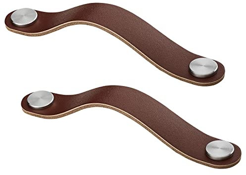 SOTECH 2 x Möbelgriff OSTERNAS BA 128 mm dunkelbraun (passend für 6 mm Bohrung) aus echtem Rindsleder und Schraubknöpfen aus echtem Edelstahl/Ledergriff mit Befestigungsschrauben