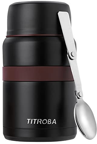 TITIROBA Thermobehälter für essen BPA-Frei 304 Edelstahl Warmhaltebehälter Essensbehälter thermobox 500ml mit Löffel und Tasche Schwarz…