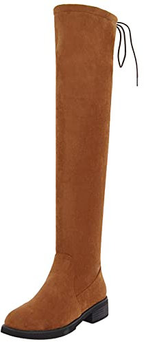 MJIASIAWA Donna Warm Sopra Il Ginocchio Stivali Stretch Senza Chiusura Pelle Lined Inverno Casuale Block Tacco Medio Suede Stivali Lungo Marrone Numero 38 EU/39 Asiatico