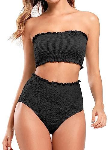 SHEKINI Women's Smocked Bikini Set High Waisted Bandeau Swimsuit Padded Tummy Control Two Pieces Bathing Suits, Black, Large