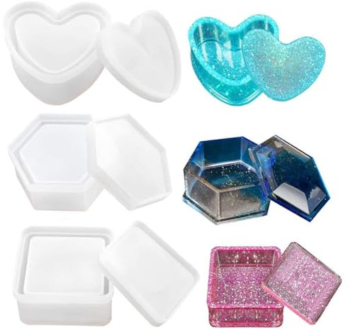 Aufbewahrungsbox Silikonform Herzform Epoxidharz Formen Hausformen Harzform für Schachteln, 3 Stück Silikonform für Schmuckschatullen, Sechseck/Quadrat/Herz, Epoxidharzform
