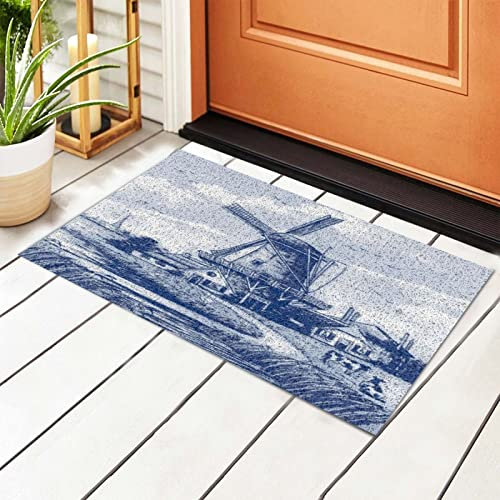Schmutzfangmatte Blaue Nederland Niedliche Vintage Niederländische Windmühle Delft Fussmatte Rutschhemmender Fußabtreter Komfortabel Fußmatte Für Eingang Badezimmer Haustür 40X60Cm