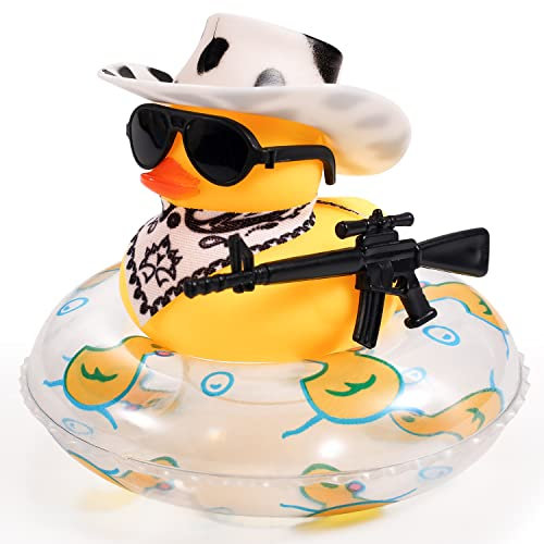 Ente für Auto, Gummi Ente für Auto Armaturenbrett Quietschend Ente Badespielzeug Spaß Cowboy Ente Autozubehör Auto Armaturenbrett Dekorationen mit Schwimmring Mütze Schal Brille (Stil 4)