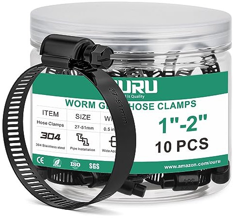 OURU 10 abrazaderas de manguera negras de 1 a 2 pulgadas, ajustables de 27 a 51 mm, abrazaderas de manguera pequeñas de acero inoxidable, abrazaderas de manguera de engranaje sin fin de metal para