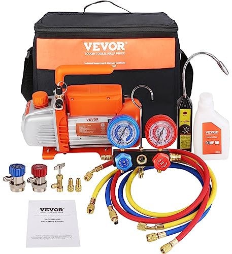 VEVOR Bomba de Vacío de Aire Acondicionado 113 L/min Bomba de Vacío de Refrigeración HVAC 180 W con Manómetros Múltiples Kit de Manguera Tricolor 1450 RPM para Refrigeración de Aire Acondicionado