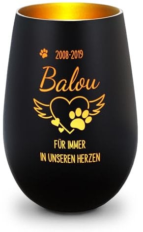 GRAVURZEILE Deko Windlicht aus Glas mit Gravur - Pfotenherz - Personalisiert mit Namen & Datum - Haustier Trauerlicht - Grabschmuck zur Beerdigung oder als Andenken - Schwarz/Gold
