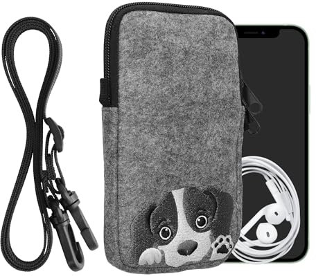 kwmobile Handytasche für Smartphones L - 6,5 - Filz Handy Hülle Grau Schwarz - Handy Tasche mit Kette 16,5 x 8,9 cm Innenmaße - Neugieriger Hund