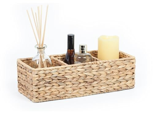 woodluv Multipurpose 3-compartment Woven Water Hyacinth Storage Rectangular Organiser Basket Box Shelves & Desks Decorative Tidy Basket for Sundries Stationery Toys Cosmetics, Natural
