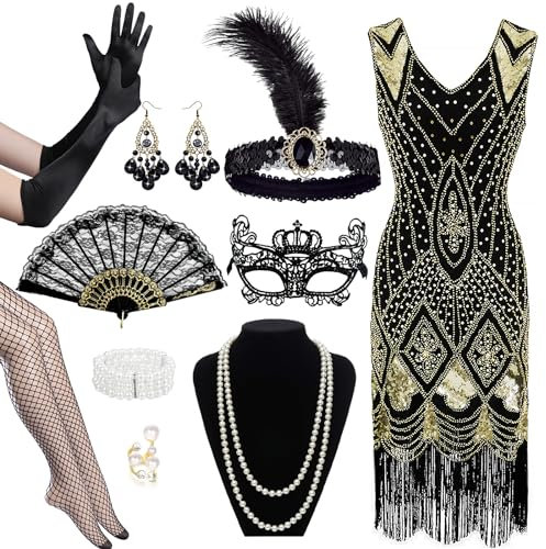 10PCS Accessoire Set für Damen im 1920er Jahre-Stil V-Ausschnitt-Flapper-Kleid mit Kopfband Maske Fischnetzstrümpfen Spitzenfächer Perlen-Schmuck und langen Handschuhen Tolles Gatsby-Kostüm Partys XXL