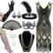 10PCS Accessoire Set für Damen im 1920er Jahre-Stil V-Ausschnitt-Flapper-Kleid mit Kopfband Maske Fischnetzstrümpfen Spitzenfächer Perlen-Schmuck und langen Handschuhen Tolles Gatsby-Kostüm Partys XXL