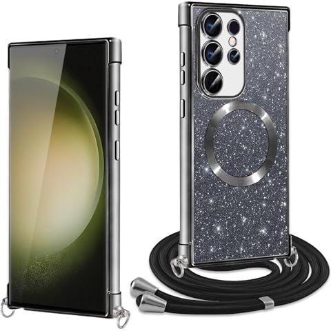 Oelrstfe Handykette Handyhülle für Samsung Galaxy S23 Ultra Hülle Glitzer [Kompatibel mit MagSafe] Magnetisch mit Band, Dünn TPU Silikon Case mit Kordel zum Umhängen Stoßfest Schutzhülle, Schwar