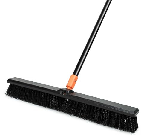 TreeLen Escoba de empuje de 24 pulgadas para exteriores, cepillo de limpieza de suelos resistente con mango largo, cerdas rígidas, para patio, garaje, cubierta, entrada, limpieza de suelos de concreto