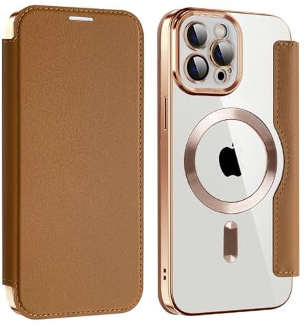 U.DARELIKE Magnetic Case for iPhone 12 Pro Max Compatible with MagSafe PU Leather Wallet Card Slots Case Transparent Back Cover Flip Bumper Holster for iPhone 12 Pro Max Brown