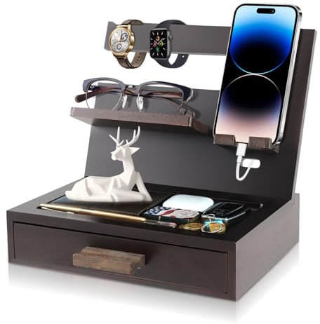 QCXWCJWD Bedside Organiser for Him, Wooden Docking Station Desktop Mobile Phone Holder, Mens Bedside Organiser with Drawer, Dad Birthday Presents Gifts for Men Husband Teacher