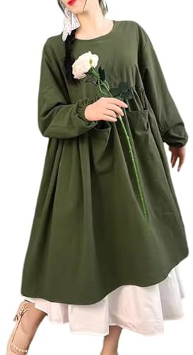 CBBEONRN Cobbler Apron Cotton Cooking Aprons Dress for Women Long Sleeve with Pockets Cute for Baking Gardening Cleaning,One Size,Green