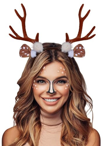 YUSHWENPTY Cerf Tete Noel, Serre Tete Renne Bandeau en Bois de Cerf Accessoires Cheveux Noël pour Femme Fille, Christmas, Halloween, Cosplay (A)