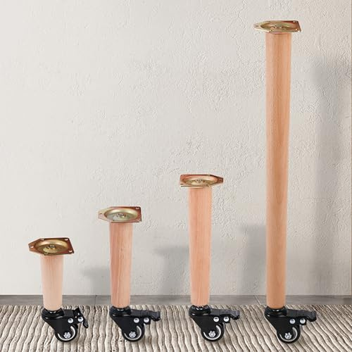 4 pcs Pieds de Meubles en Bois avec Roulettes Pivotantes Pieds de Table | Pieds Coniques Naturel Pieds de Support de Rechange Jambe DIY pour Armoire Canapé Table Basse Meuble Bureau Placards