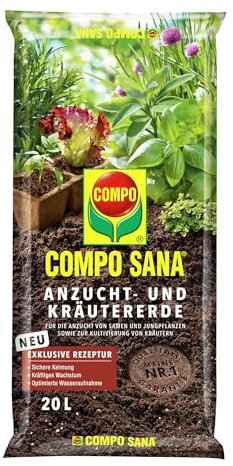 COMPO SANA Terre de culture et d'herbes aromatiques avec 6 semaines d'engrais pour toutes les plantes jeunes et herbacées, substrat culturel, 20 litres, marron