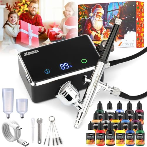 XDOVET Airbrush Set mit Farblack 16 Farben/ 20ml, Verbessertes 32 PSI Dual-Action Airbrush Set mit Modellbau Farbstoffe, Tragbares Airbrush Set mit Kompressor für Färbung
