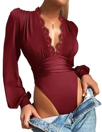 SUIUOI Body med puffarmband, elegant blusbody, långärmad bodysuit med djupa blusar, v-ringning och spets, långärmad skjorta med spets, långärmad plissé veckad tunika, långärmad skjorta, toppar,