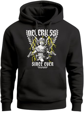 Neverless® Hoodie Herren Engel Tattoo Style Schrift Aufdruck Kapuzen-Pullover Männer Fashion Streetstyle
