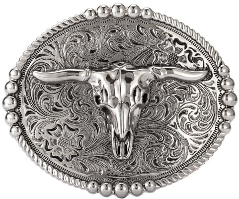 TYWestyles Western-Cowboy-Gürtelschnalle – Texas Bull Skull Gürtelschnalle für Männer und Frauen, Kuh-Schädel Antik-Silber, Large