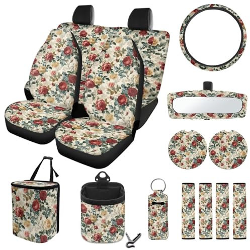 ZIATUBLES Lot de 15 housses de siège rétro avec housse de volant, coussinets de ceinture de sécurité, poubelle, sac de rangement à suspendre, dessous de verre, rouge à lèvres