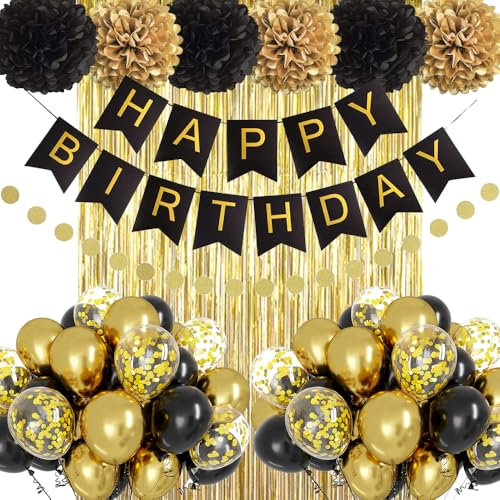 Geburtstag Dekoration Set, Mann Frauen Geburtstagsdeko, Schwarz Gold Happy Birthday Banner, Luftballons DIY Party Papier Pompoms Lametta Vorhang für Jungen Mädchen Geburtstag Deko Party Supplies