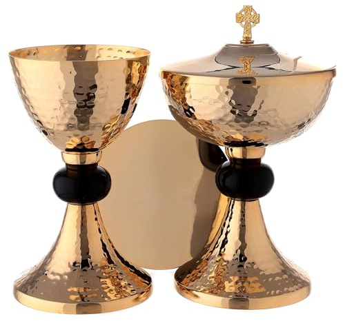Holyart Kelch, Pyxis und Patene aus gehämmertem vergoldetem Messing mit schwarzem Nodus, Kelch