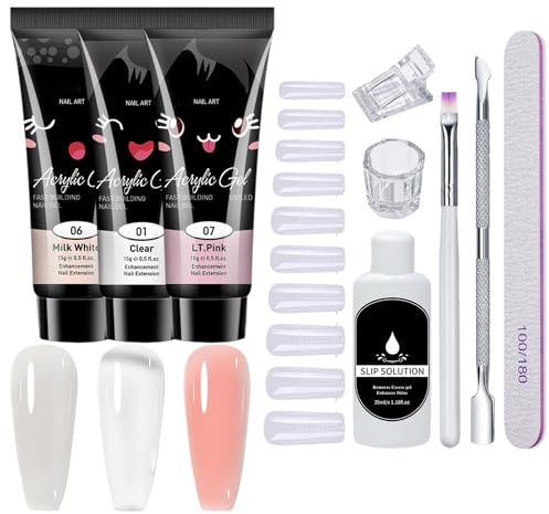 Poly Extension Gel Nail Kit | 3 Colours Gel Polish Kit with UV Lamp | Nail Set with Everything, Long-Lasting Poly Nails Full Set, Home Nail Supplies for Home Nail Salon