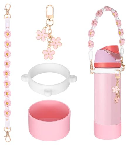 Silicone Boot Set for Owala Water Bottle 24 oz 34 oz with Handle Strap and Charm Compatible with Owala Freesip, Water Bottle Straps for Carrying for Owala Tumbler Non-Slip Silicone Boot Keychain Charm