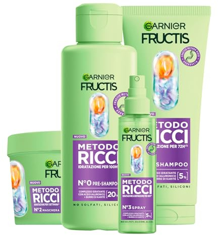 Garnier Fructis Curly Method 370ml Mask + 150ml Moisturizing Spray + 200ml Shampoo + 200ml Pre-Shampoo with Hyaluronic Acid and Shea Butter Vegan and Silicone-Free Formula - Set of 4