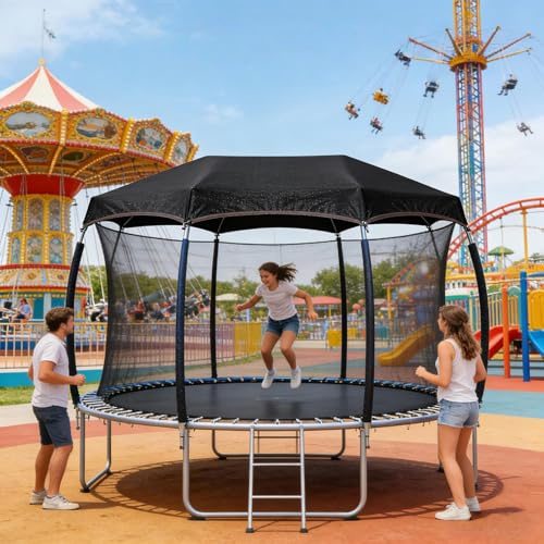 Trampolin Sonnenschutz Abdeckung, Ø 183 244 305 366 427 cm, Trampolin Überdachung Abdeckung Sonnenschutznetz Für 6/8-Stangen Zelt, Schwarz