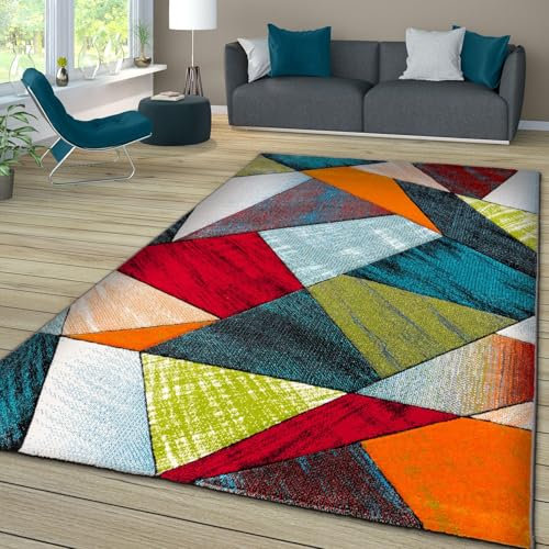 TT Home Wohnzimmer Teppich Bunt Kurzflor Wohnzimmerteppich Meliert 3D Optik Geometrisch, Farbe: Grün Rot Blau, Größe:60x110 cm