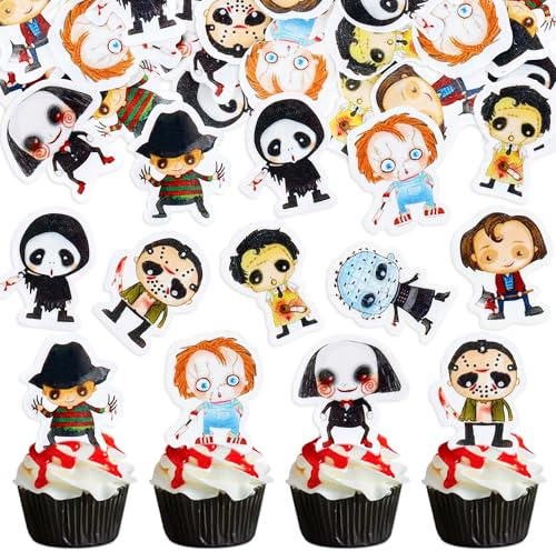 Blumomon 40Pcs Pre-Cut Edible Horror Classic Movie Cupcake Toppers Horror Movie Characters Cupcake Cupcake Picks for Halloween Horror Movie Theme Birthday Baby Shower Cake Decorations Supplies