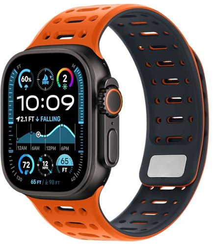 Kompatibel mit Apple Watch Armband 49mm 46mm 45mm 44mm 42mm 41mm 40mm 38mm, Weiches Silikon Magnetisch Sport Armband für iWatch Ultra 2/Ultra Serie 10 9 8 7 SE 6 5 4 (49/46/45/44/42, Orange/Mit)