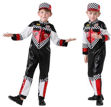 Joyincoser Costume de pilote de course pour enfant garçon avec bonnet de course, combinaison avec patchs de course, cadeau pour Halloween, carnaval, fête, cosplay (120 cm)