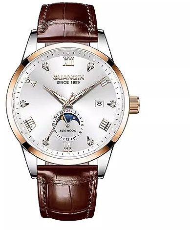 Guanqin Vintage Herren Multifunktions Automatik Selbstaufzug Mechanische Strass Uhr Saphir Business Kalender Leuchtende Mondphase Wasserdichte Uhr Stahl oder Lederband Armbanduhr