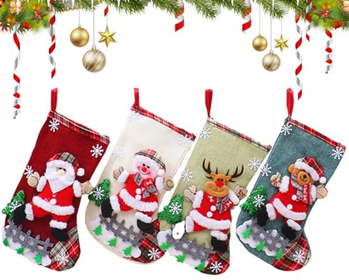 GXGM 4 Stück Weihnachtsstrumpf Personalisiert Weihnachtssocken Kamin Nikolaus Socken Weihnachten Deko, Rot Grau Nikolausstiefel zum Befüllen Weihnachtsstrümpfe Weihnachtsdeko