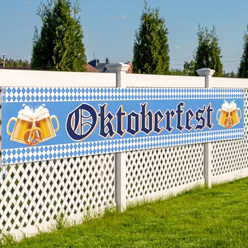 WANDIC Oktoberfest Banner 250x50cm mit 25 Yard Blauem Band - Wiederverwendbare Oktoberfest Deko für Innen & Außen - Party Dekoration für München Festzelt