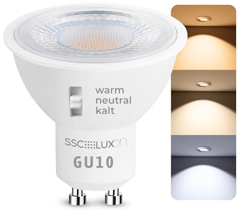 SSC-LUXon LumiFLEX GU10 Lampe LED 6W dimmbar 3 Lichtfarben Reflektor | Dimmbare GU10 Reflektorlampe mit 3 Lichtfarben - warm / neutral / kalt per Schalter, direkt an 230V, Halogen-Ersatz