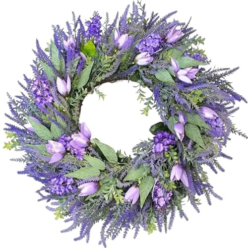 Lavendelkranz Künstlich 66cm für Haustür - Frühlingskranz Türkranz Lila Tulpen & Lavendel - Wandkranz Frühling Sommer Deko für Außen & Innen - Bauernhaus Wanddekoration