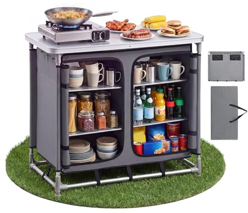 VEVOR Cocina de Camping Plegable 96 x 48 x 79 cm, Mesa de Cocina para Acampar con 6 Estantes y Bolsa de Transporte, Mueble de Camping para Picnic, Barbacoa, Fiesta, Viajes en Autocaravana, Gris