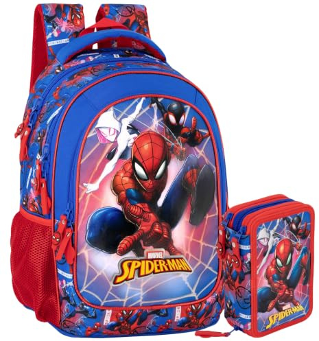 Schulrucksack Set Jungen Grundschule 6-10 Jahre für Spiderman Fan Design – Ergonomischer Rucksack (33x43x20 cm) & 3-Fach Federmäppchen Gefüllt (46 Teile)