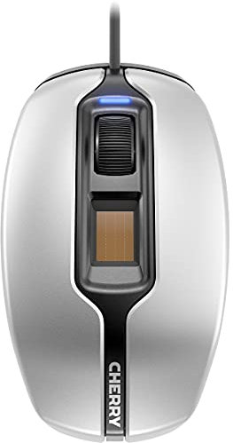 CHERRY MC 4900, Kabelgebundene Maus mit Fingerabdruck-Sensor, Einfacher Logon & Authentifizierung, Optischer Sensor, Symmetrisches Design, Schwarz/Silber
