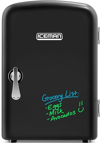Iceman Chefman Mini Portable Eraser Board Personal Fridge, Cools & Heats, 4L Capacity, Chills 6 12oz cans, 100% Freon-Free & Eco Friendly, Includes Plugs for Home Outlet & 12V Car Charger, Black