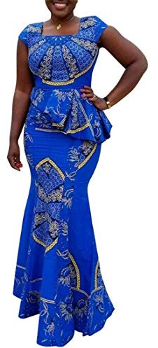 VERWIN African Dress Cap Sleeve Square Neck Floor-Length Geometric Mermaid Maxi Dress Long Dress L Blue