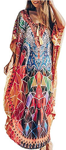 Ho Mall Damen Sommer Elegant Strand Poncho Ethnisch Drucken Lose Kaftan Kittel Sommer Maxi Kleid (Muster 1, Einheitsgröße)