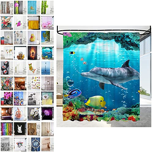Sanilo Rideau de Douche, Large Choix de Beaux Rideaux de Bain, Haute qualité, 12 Anneaux Inclus, Imperméable, Effet Anti-moisissures (180 x 200 cm, Dauphin Coraux)